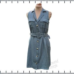 Sim & Sam (Large NWT) Linen Sleeveless Belted Blue Button-Front Dress